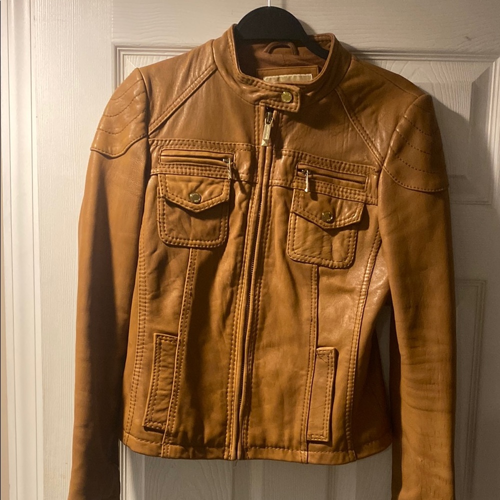 MICHAEL Michael Kors Tan Leather Motorcycle Jacket